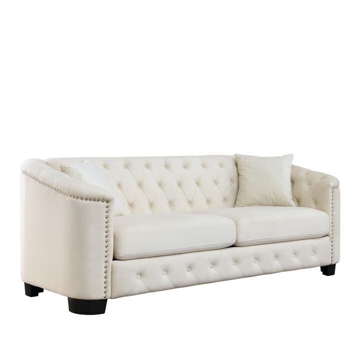 Velvet Chesterfield Sofa Set, Button Tufted Deep Seat Sofa Set with Nailhead Trim, Padded Armrest Couch Set with Throw Pillows