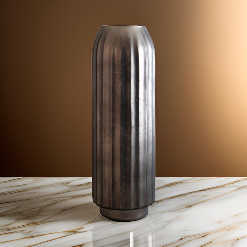 Cali 18 Inch Flower Vase, Round Base, Ribbed Fluted Brown Mercury Glass - Benzara