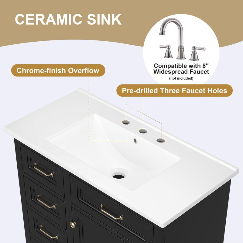 36" Bathroom Vanity with Sink, 4 Drawers & Soft-Close Door, Freestanding Storage Cabinet