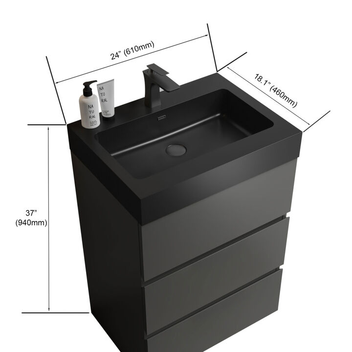 Alice 24" Gray Bathroom Vanity with Sink, Large Storage Freestanding Bathroom Vanity for Modern Bathroom, One-Piece Black Sink Basin without Drain and Faucet