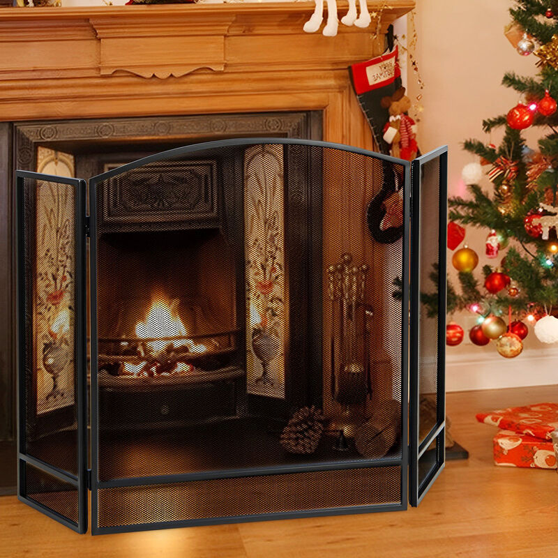 3-Panel Foldable Fireplace Screen with Wrought Metal Mesh-Black image number 2