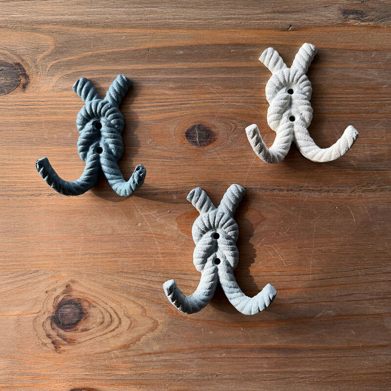 Zeckos 4 Inch Cast Iron Rope Knot Wall Hooks, Set of 3 Nautical Coastal Double Hooks in Green, Blue and White with Matching Screws, Decorative Entryway, Bathroom or Beach House Wall Storage image number 5