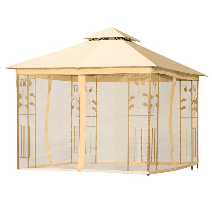 Outsunny 10' x 10' Metal Patio Gazebo, Double Roof Outdoor Gazebo Canopy Shelter with Tree Motifs Corner Frame and Netting, for Garden, Lawn, Backyard, and Deck, Beige