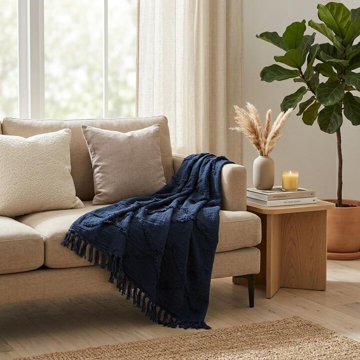 HomeRoots 50" X 50" Blue Floral Cotton Woven Throw Blanket with Fringe