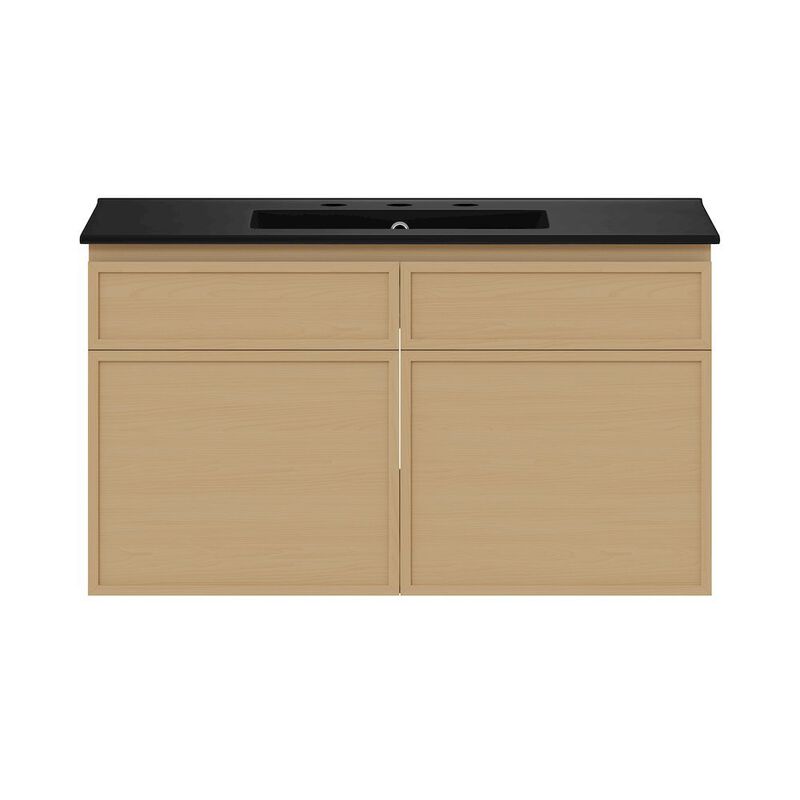 36" Wall-Mounted Bathroom Vanity, Natural Oak, Black 3-Hole Widespread Sink Top image number 0
