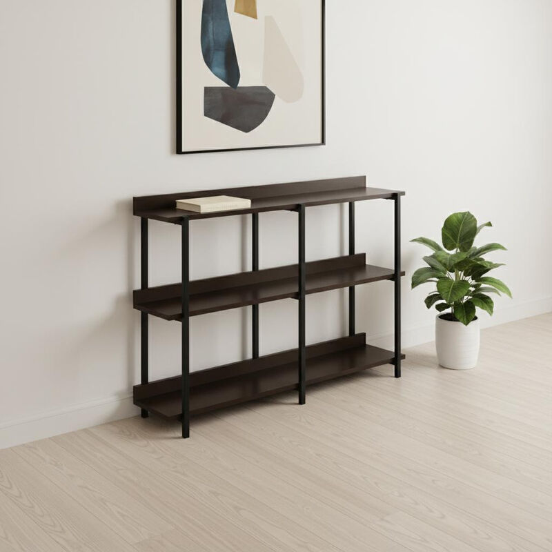 HomeRoots 47" Brown and Black Wood and Metal Frame Console Table With Three Shelves image number 1