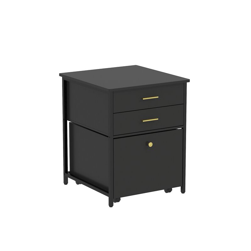 FUFU&GAGA Compact Nightstand, Black Laminate with Gold Handles, (21.7"W x 22.8"D x 27"H), with Pull-out Drawers and Rolling Casters