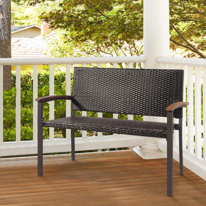 Hivago Outdoor Patio Rattan Wicker Bench with Armrest for Garden