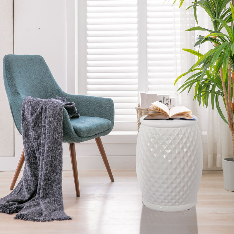 11" x 17.25" Glazed Ceramic Drum Stool - Indoor/Outdoor Side Table - Accent Garden Stool