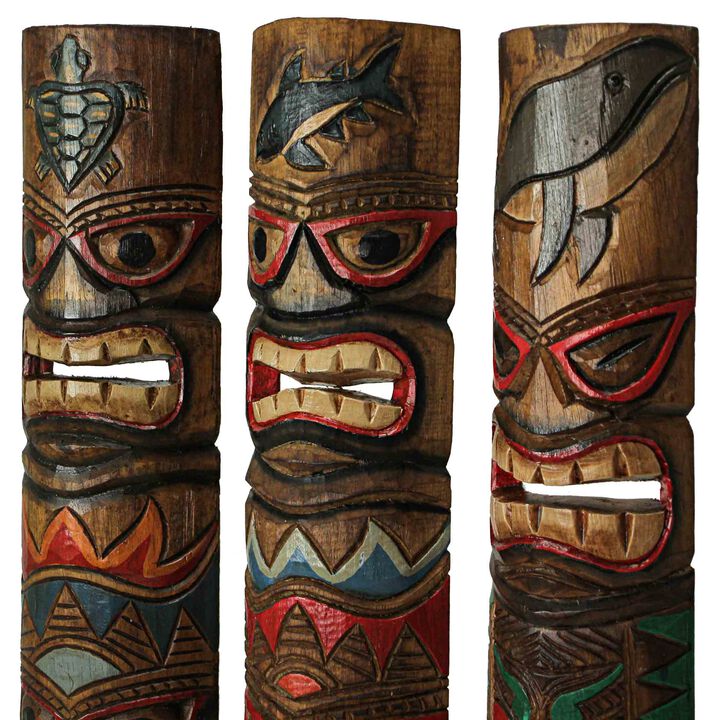 Set of 3 Double Tiki Mask Ocean Totem Hand Carved Wall Decor Sculpture 24 Inch