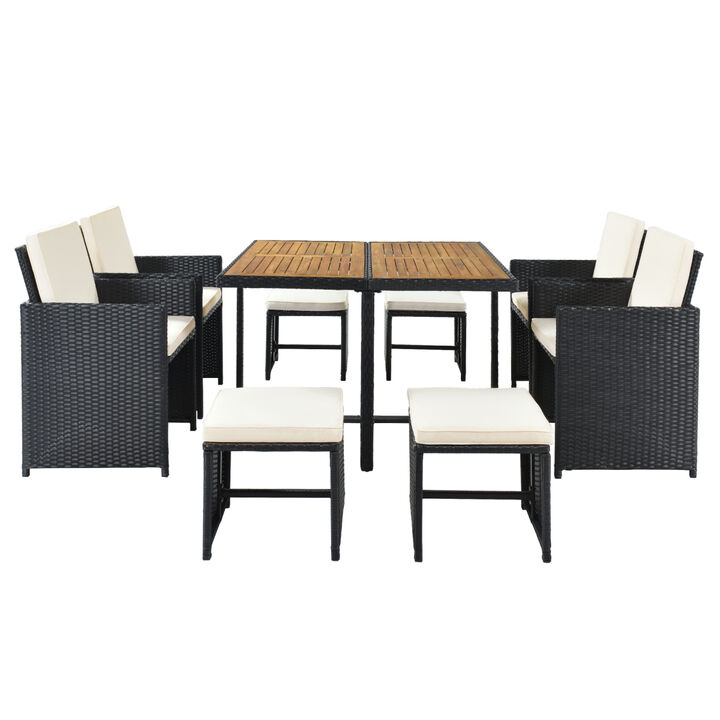 Patio All-Weather PE Wicker Dining Table Set with Wood Tabletop for 8, Black Rattan+Beige Cushion (9-Piece)