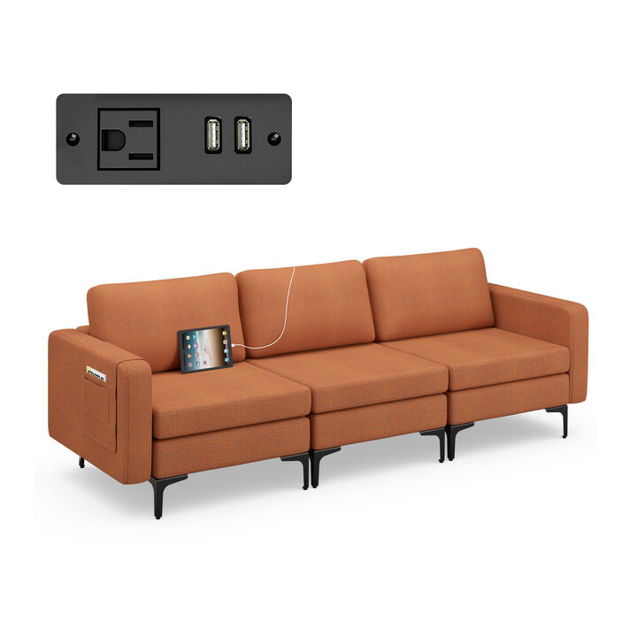 Convertible 3-Seat Sofa Couch with Magazine Pockets and 2 USB Ports for Modern Living Room
