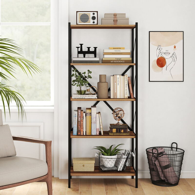 Modern 5-Tier Bookshelf Industrial Bookcase Metal Frame Storage image number 1