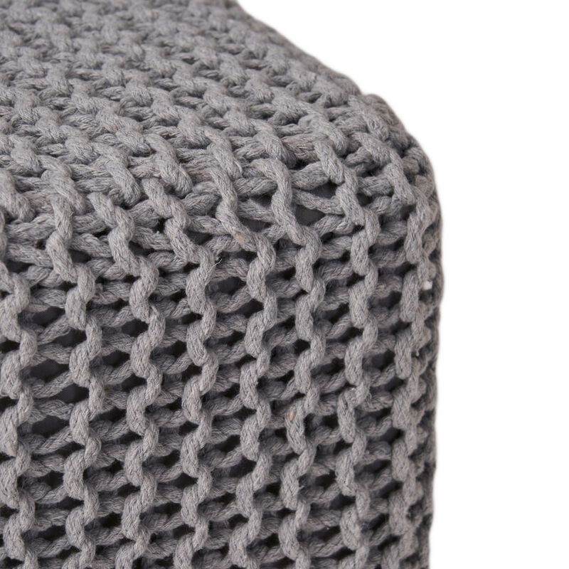 Square Knitted Footstool Ottoman, Handwoven Design 17 Inch Gray Cotton - Benzara