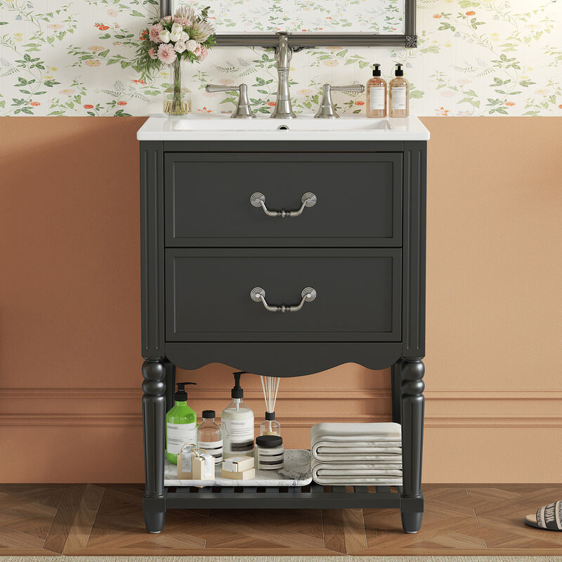 ELEMENT ACE 24 Inch Bathroom Vanity with Ceramic Sink, Bathroom Storage Cabinet with Two Soft-Close Drawers and Open Shelf, Vintage Elegant Wave Design for Bathroom Use image number 4