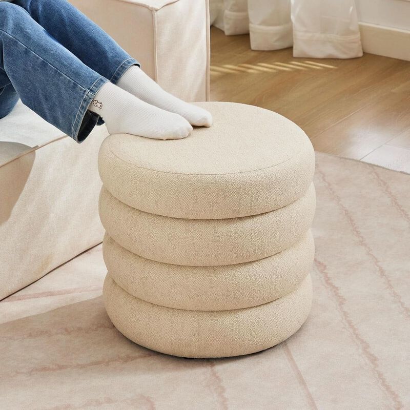 Beige Linen Upholstered Round Storage Ottoman - Removable Lid image number 6