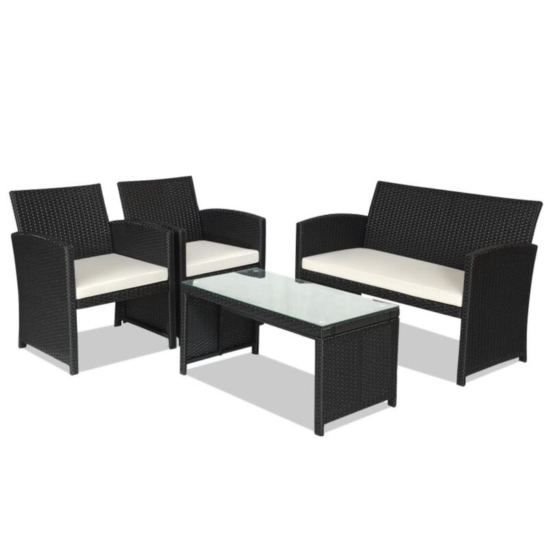 Hivvago 4 Pieces Rattan Patio Furniture Set with Weather Resistant Cushions and Tempered Glass Tabletop