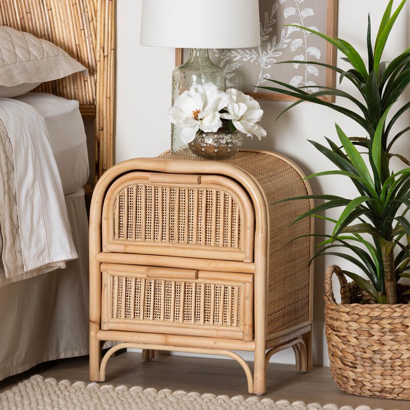 bali & pari Adrika Bohemian Natural Rattan 2-Drawer Nightstand