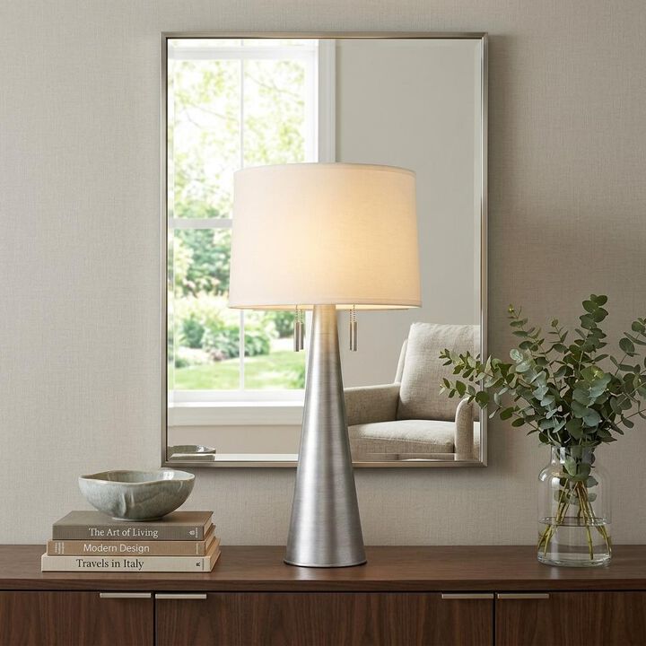 HomeRoots 34" Silver Metal Two Light Table Lamp With White Empire Shade