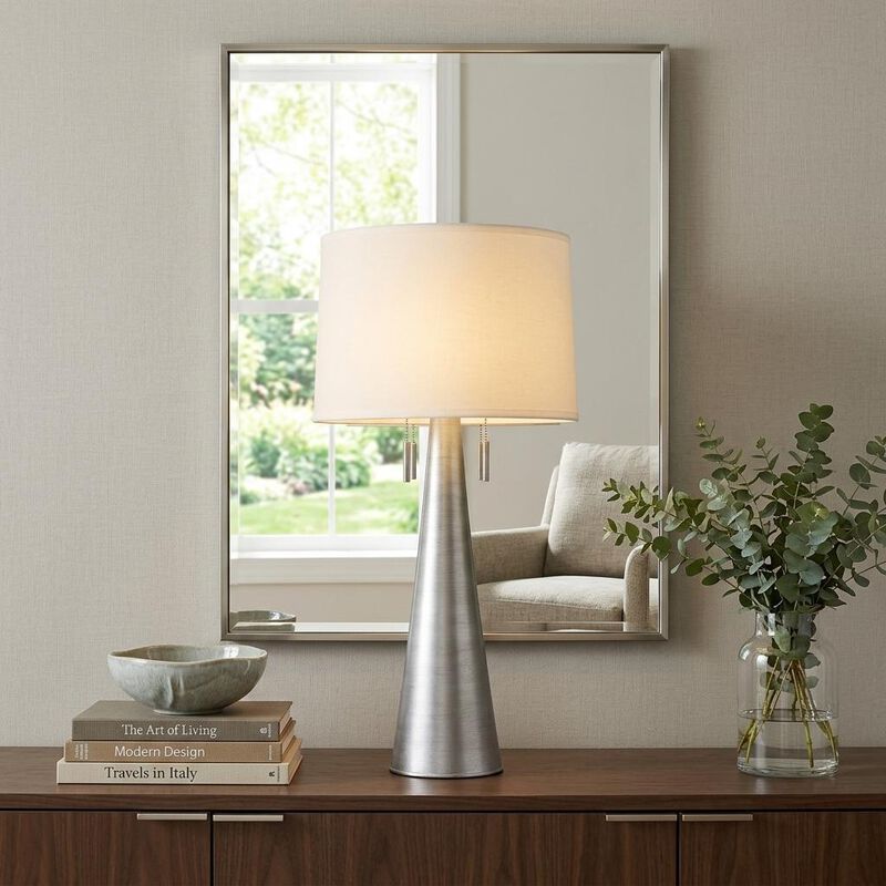 HomeRoots 34" Silver Metal Two Light Table Lamp With White Empire Shade image number 1