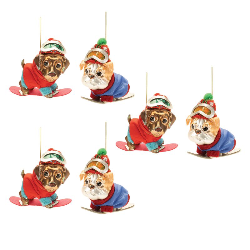 Set of 6 Glittered Snowboarding Dog Ornaments for Holiday Tree or Winter Decor