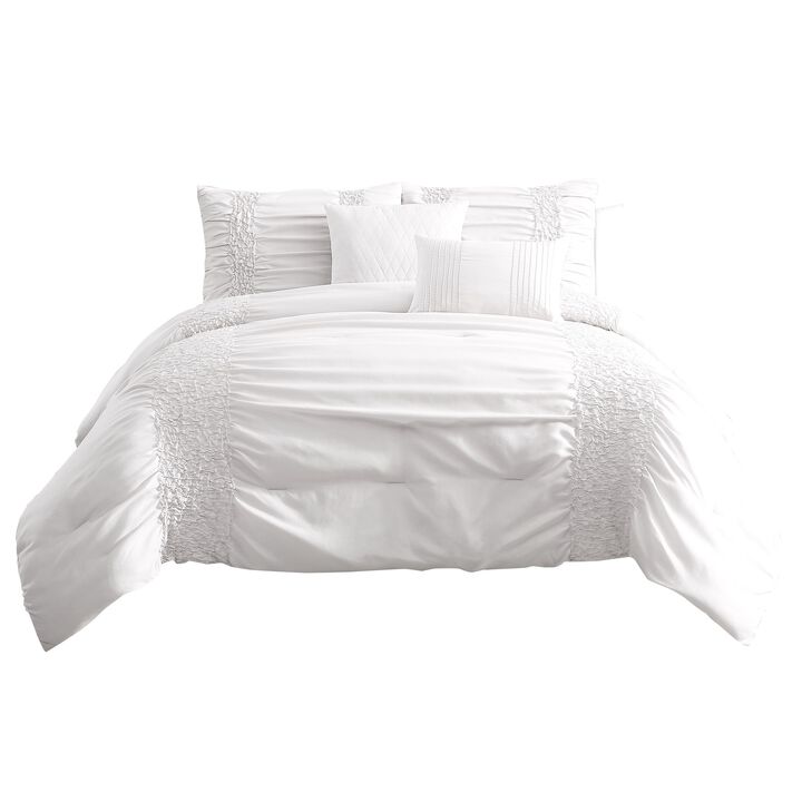 4 Piece Twin Comforter Set with Ruching Details, White - Benzara