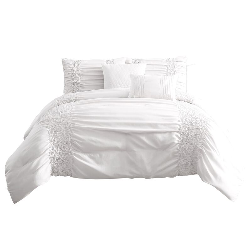 4 Piece Twin Comforter Set with Ruching Details, White - Benzara