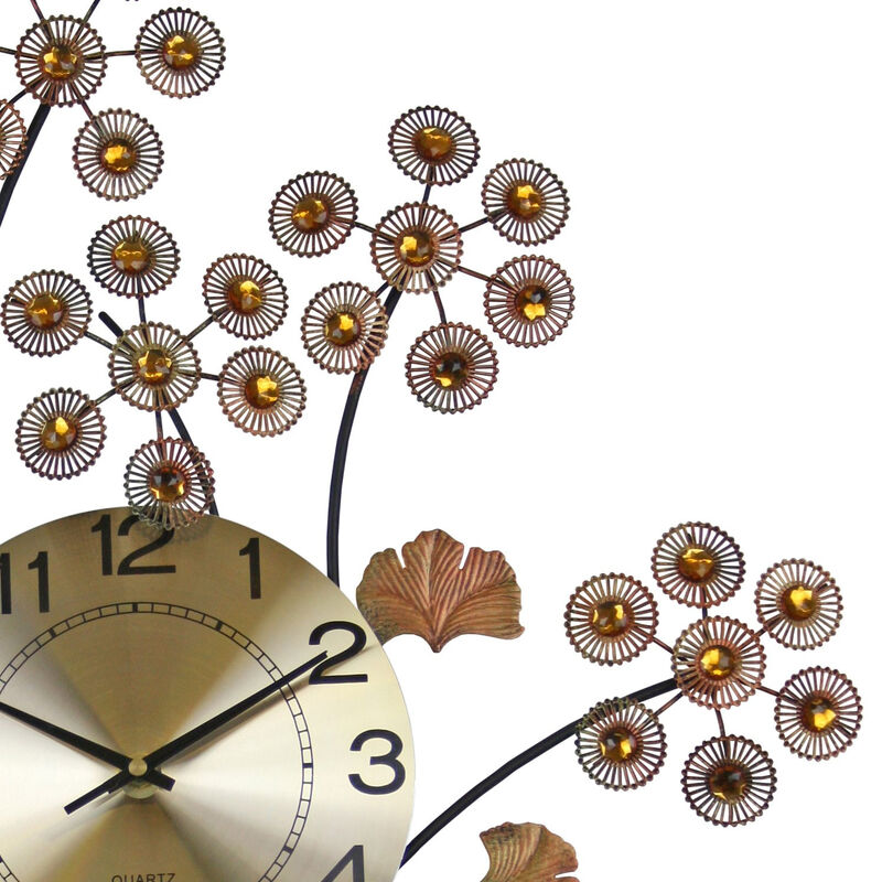 HomeRoots 22" Copper Metal And Faux Crystal Silent Analog Gingko Floral Wall Clock image number 3