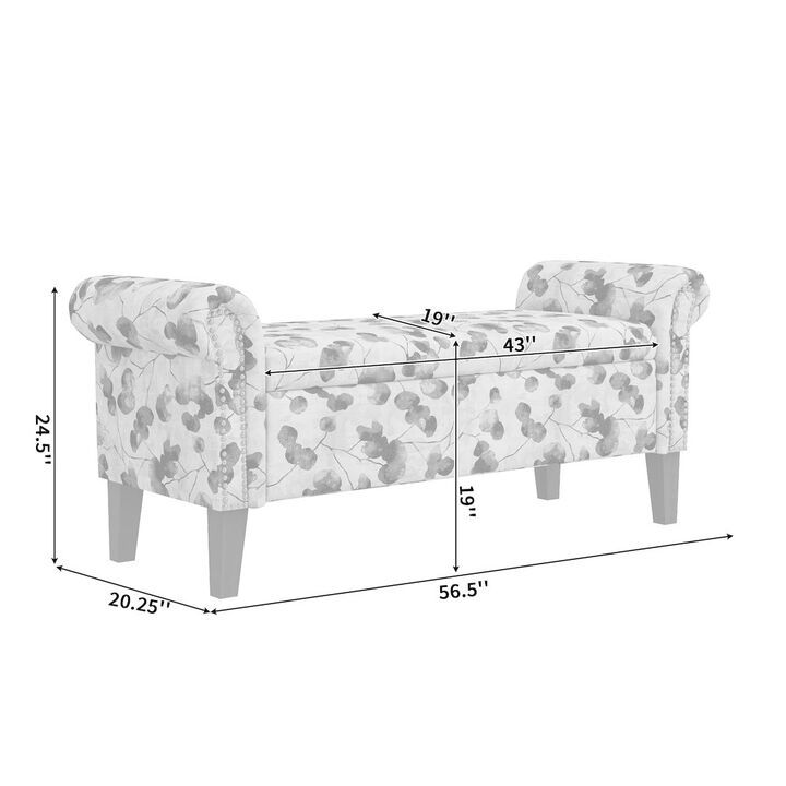 HL Home Furnishings Rolled Arm Storage Ottoman in Blue Curly Vine