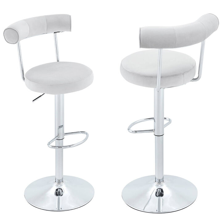 Set of 2 swivel bar stools, velvet upholstered adjustable height bar chair with open back, chrome base counter stools with footrest