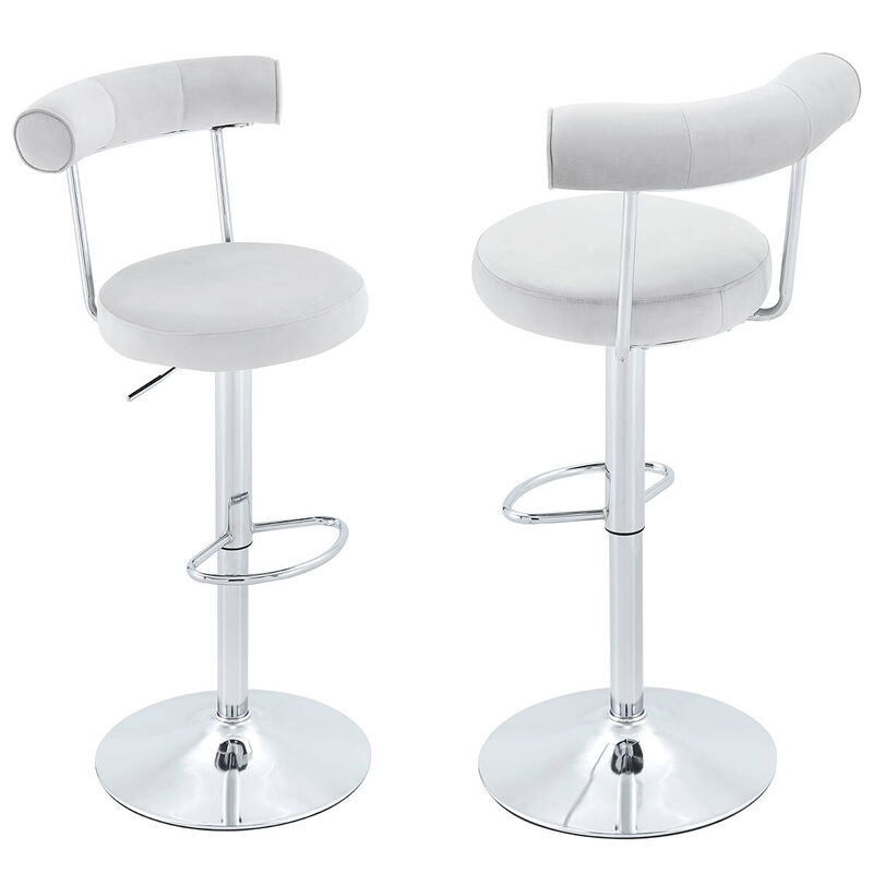 Set of 2 swivel bar stools, velvet upholstered adjustable height bar chair with open back, chrome base counter stools with footrest image number 0