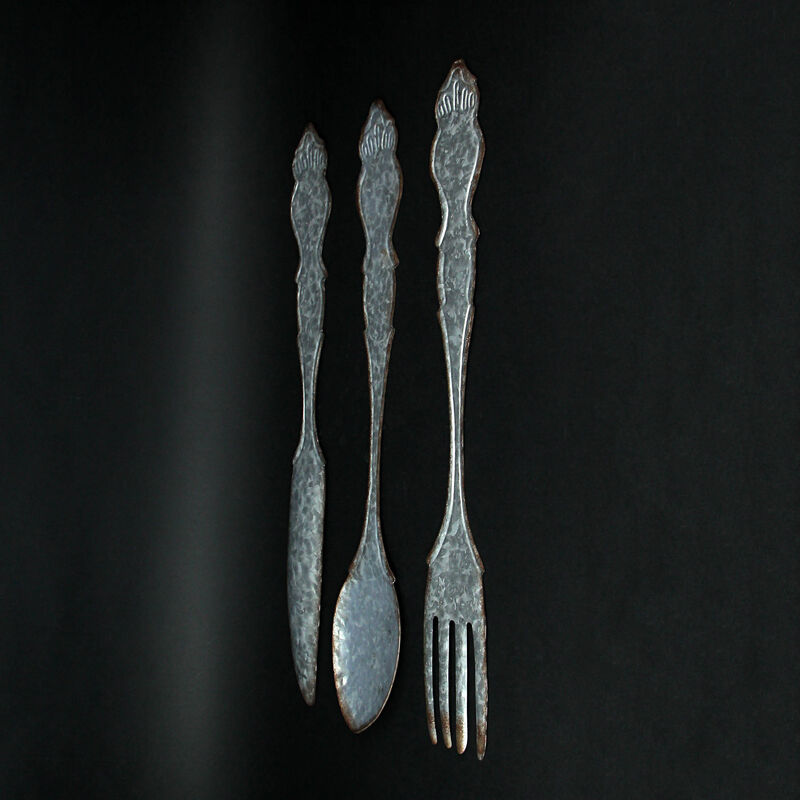Giant Galvanized Metal Fork Spoon Knife Farmhouse Kitchen Decor Wall Hanging Set image number 4