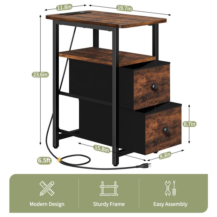Yoobure End Table with Charging Station, Narrow Side Table LED Small Night Stand, Skinny Nightstand with Fabric Drawers, Bedside
