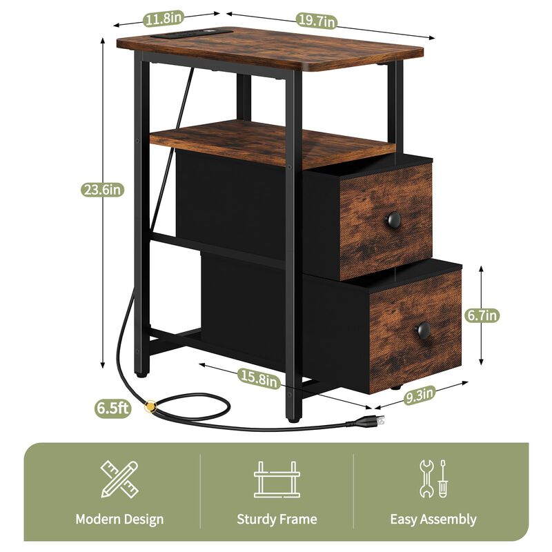 Yoobure End Table with Charging Station, Narrow Side Table LED Small Night Stand, Skinny Nightstand with Fabric Drawers, Bedside
