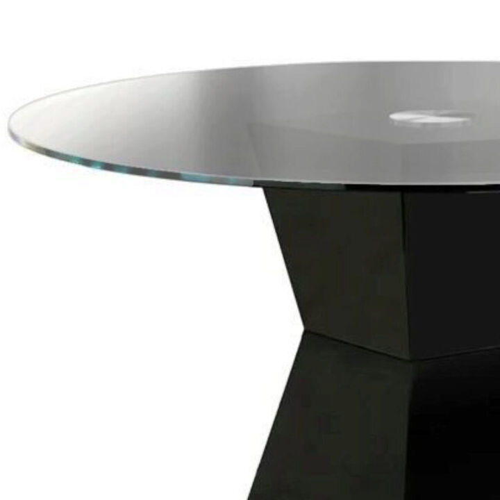 Contemporary Round Glass Dining Table with Square Pedestal Base, Black - Benzara