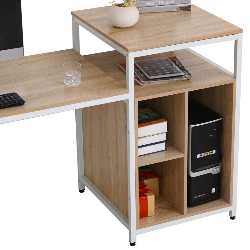 Computer Table with Shelves Home Office Desk Adjustable Feet, Wood Grain