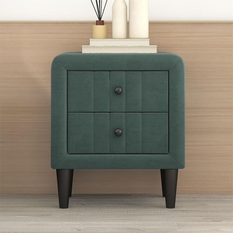 Upholstered Wooden Nightstand with 2 Drawers,Fully Assembled Except Legs and Handles,Velvet Bedside Table-Green image number 5