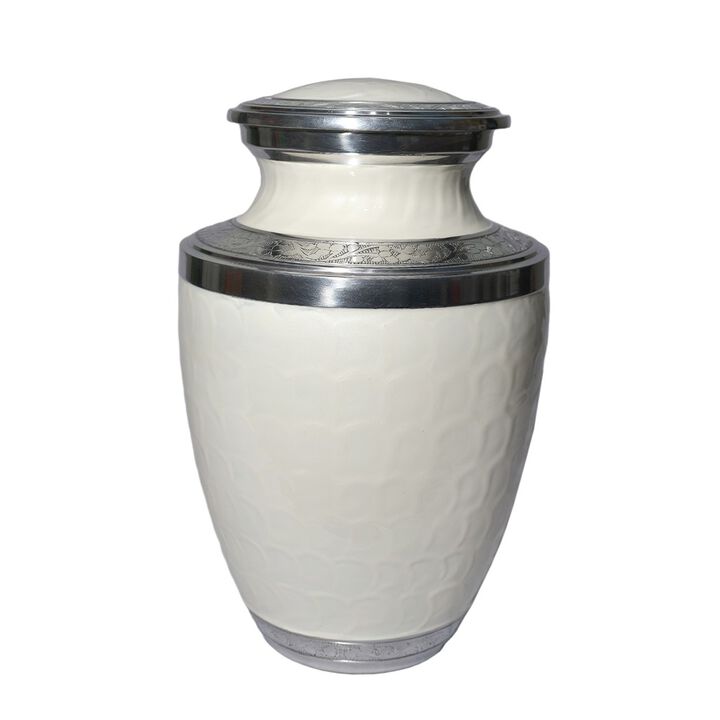 silver-toned accents urn