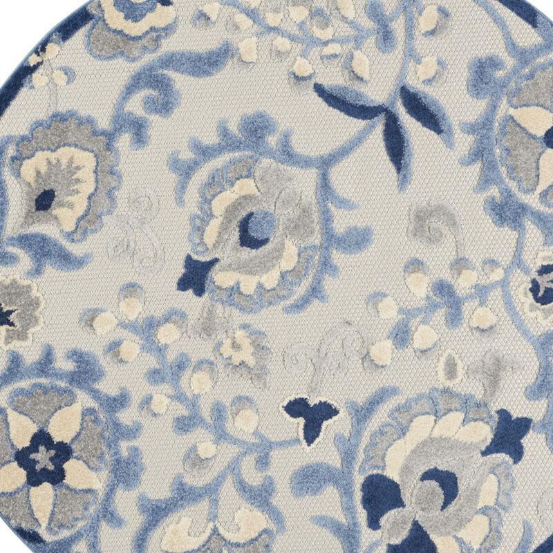 HomeRoots 4' Blue And Gray Round Floral Indoor Outdoor Area Rug image number 2