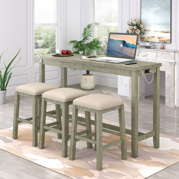 4 Pieces Counter Height Table with Fabric Padded Stools, Rustic Bar Dining Set with Socket, Gray Green