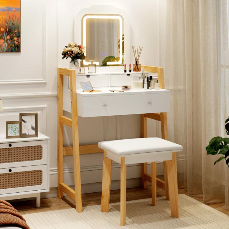 Hivvago Adjustable Height Vanity Desk Set with 3-Color LED Lighted Mirror and Drawers