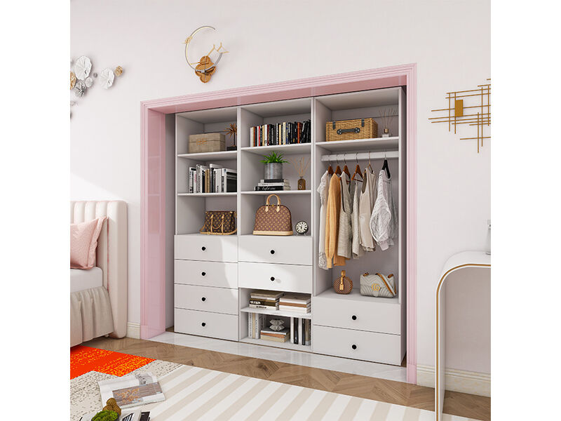 Tall Closet Organizer System, Closet System with 8 Drawers, Closet Organizer with Clothing Racks for Hanging Clothes, Walk in Closet Organizers and Storage with 9 Shelves