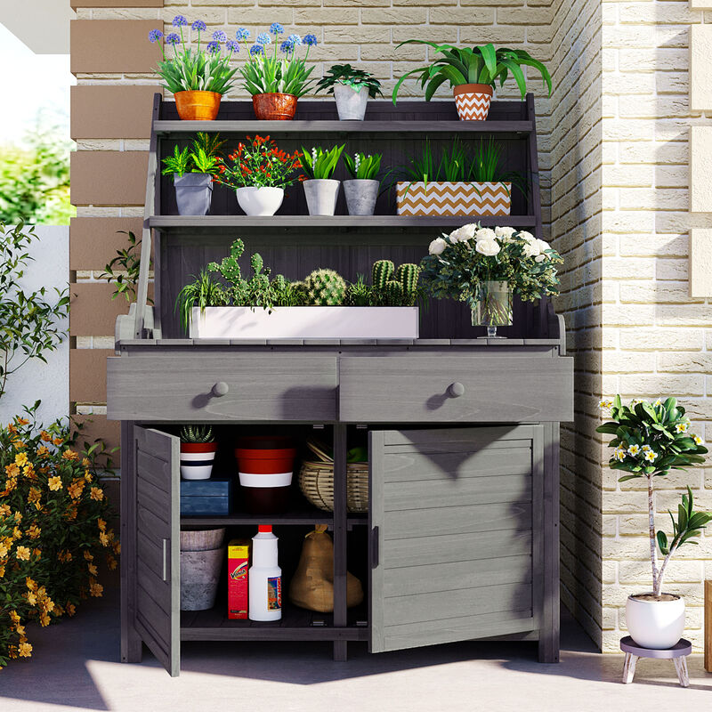 Garden Potting Bench with Storage Shelf, Drawer & Cabinet, Fir Wood Workstation
