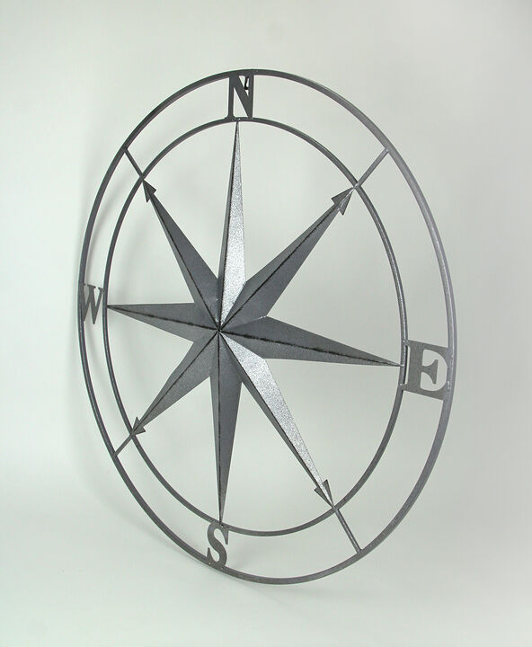 Galvanized Zinc Finish Metal Indoor/Outdoor Compass Rose Wall Hanging 36 in.