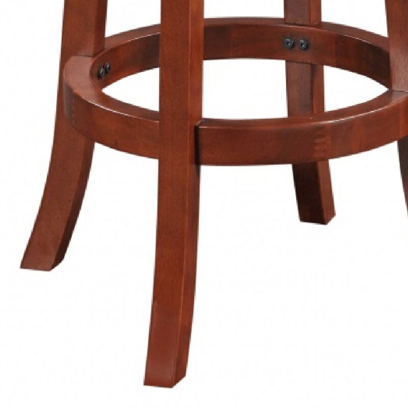 Sabi 30 inch Swivel Counter Stool, Solid Wood, Faux Leather, Brown, Black - Benzara