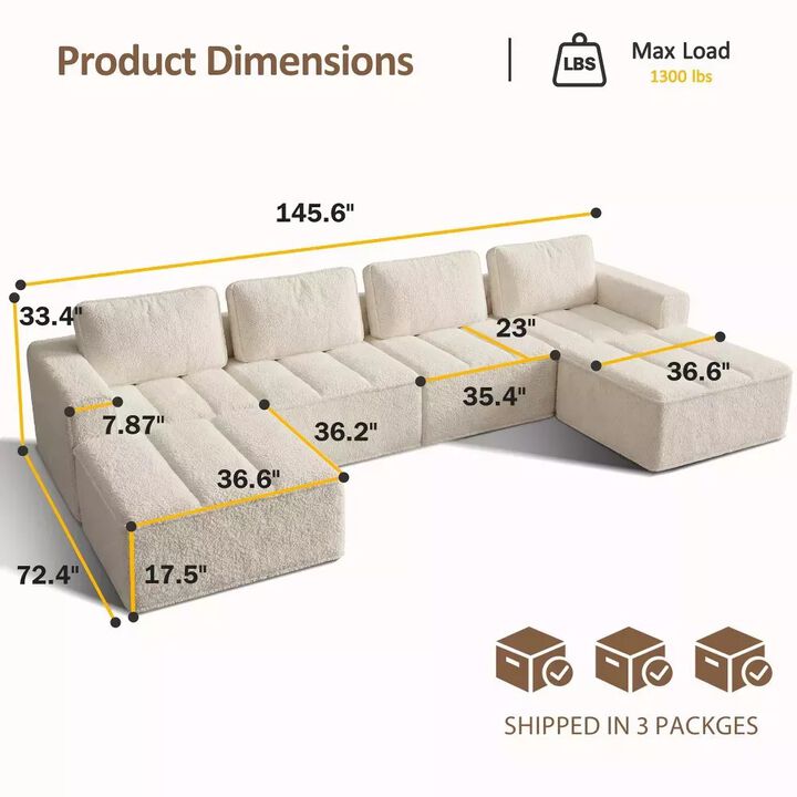 Vipbear 145.6" Modular U-Shaped Cloud Sectional Sofa, Fluffy Teddy Fabric Convertible Couch