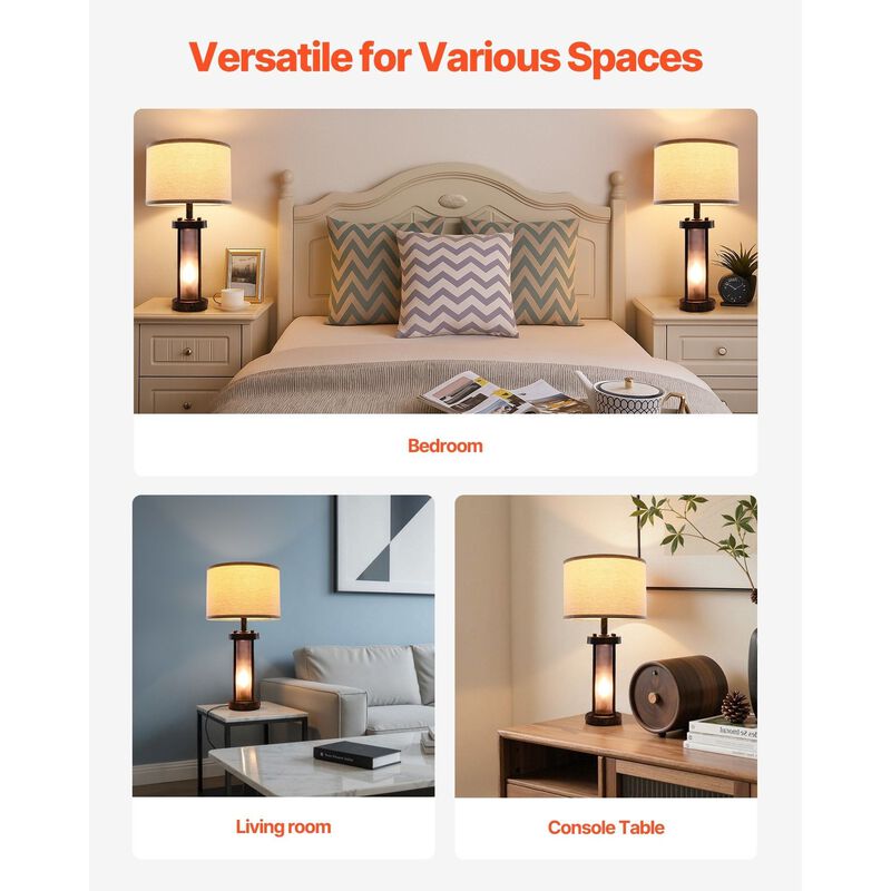Farmhouse Bedside Table Lamps Set of 2 with Linen Shades, USB Charging Ports & AC Outlet image number 3