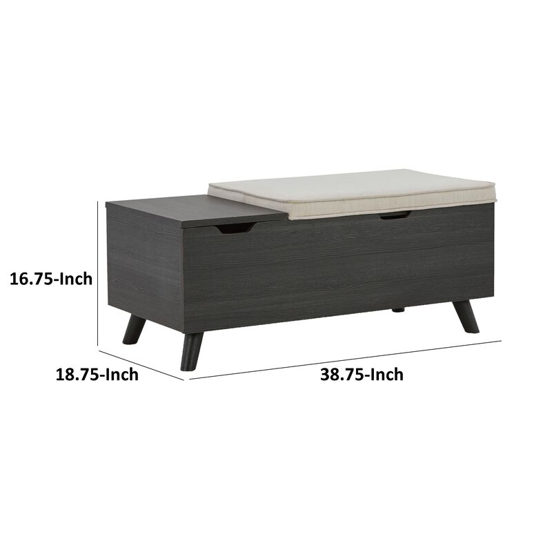 Yasmin Storage Bench, Black Gray Wood, Beige Polyester, Foam, 39 Inch - Benzara