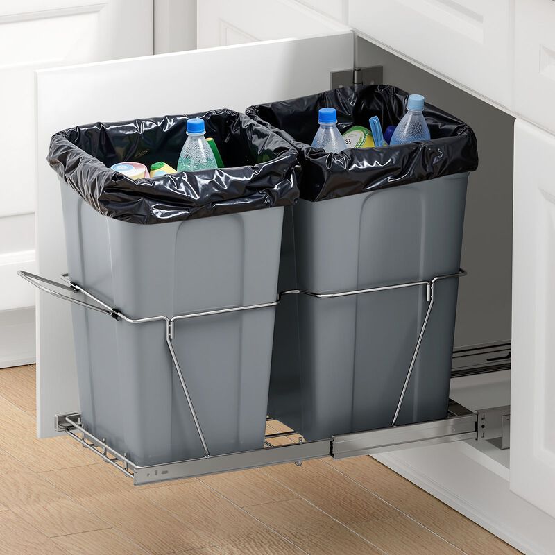 Dual 27QT Pull-Out Under Mount Cabinet Waste Container with Full Extension Rails
