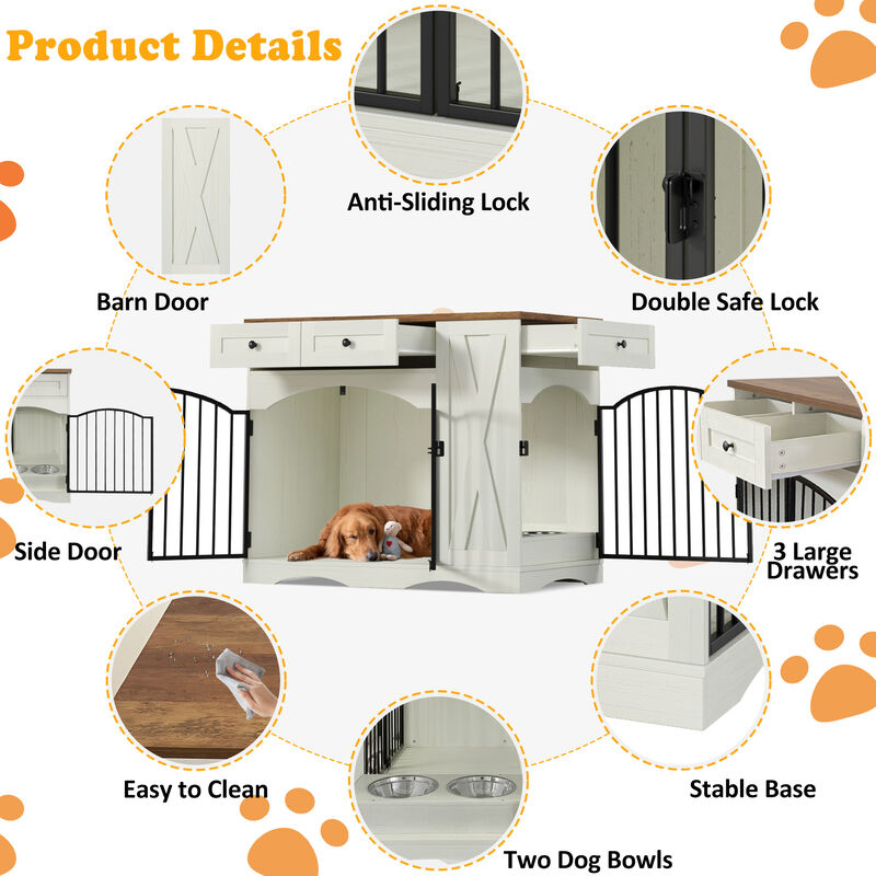 Whisen 43.3" Indoor Wooden Cabinets, Dog Kennel with 3 Drawers and Removable Feeder image number 8